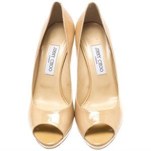 Jimmy Choo Beige Shiny Patent Leather Luna Peep Toe Platform Pumps Size 35